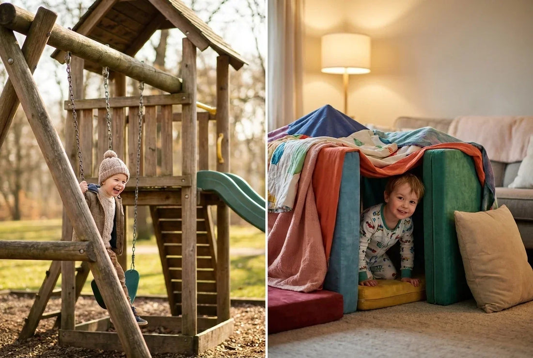 Professional header image for comparison analysis: Outdoor Play Systems vs. Indoor Fort Kits: Which Is Actua...