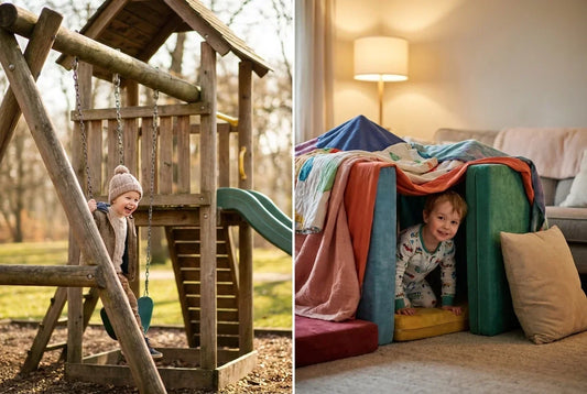 Professional header image for comparison analysis: Outdoor Play Systems vs. Indoor Fort Kits: Which Is Actua...