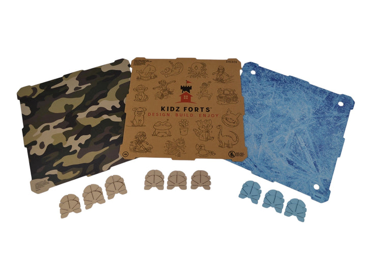3 kids play fort building panels fanned out.  One is camouflage, one has colorable characters, and the other has a cold, blue icy finish.  Below the panels are an assortment of connectors.  Some are doeskin color and the others are light blue.