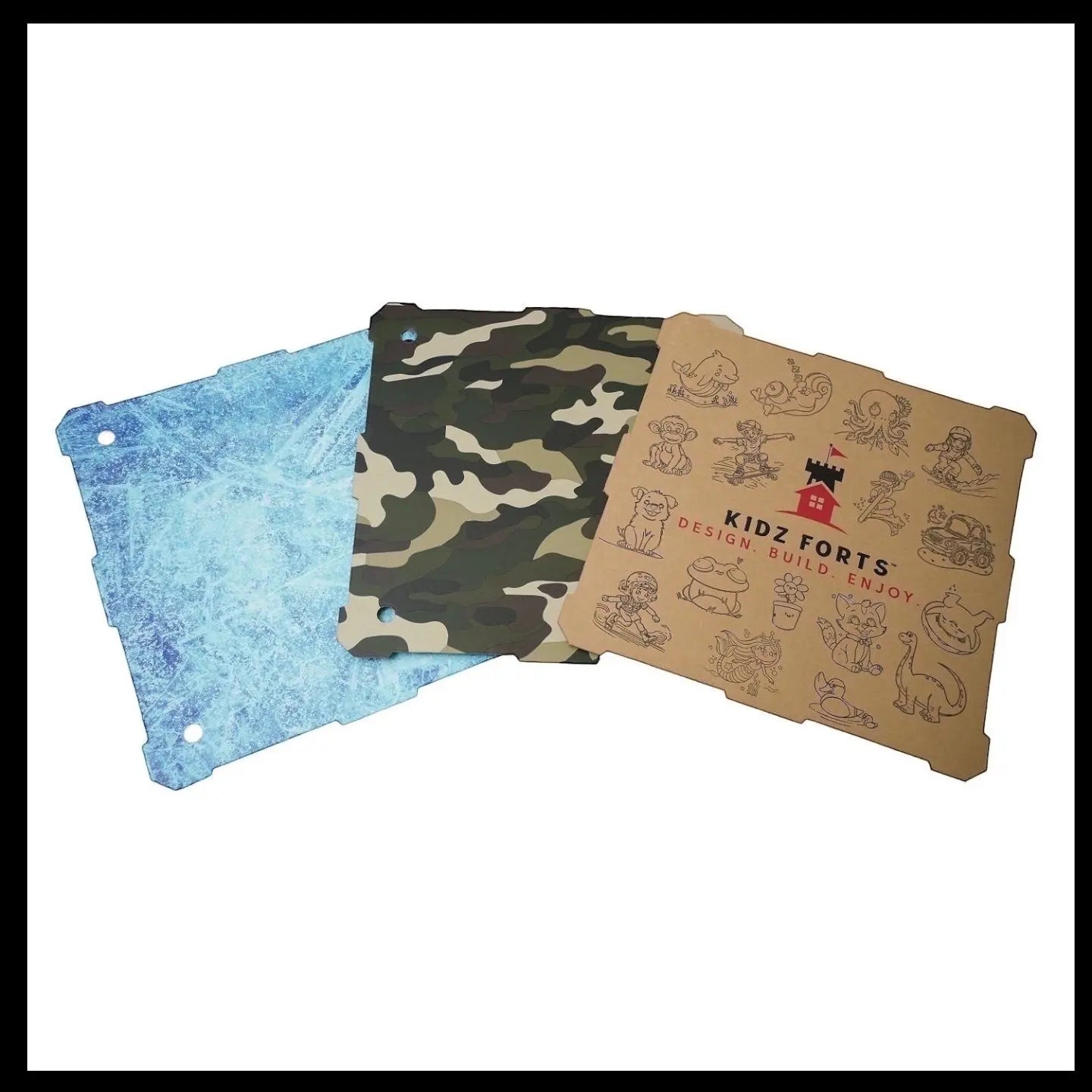 Cardboard fort kit building panels in three designs — Hobie, Camouflage, and Frosted — for expanding your fort kit.