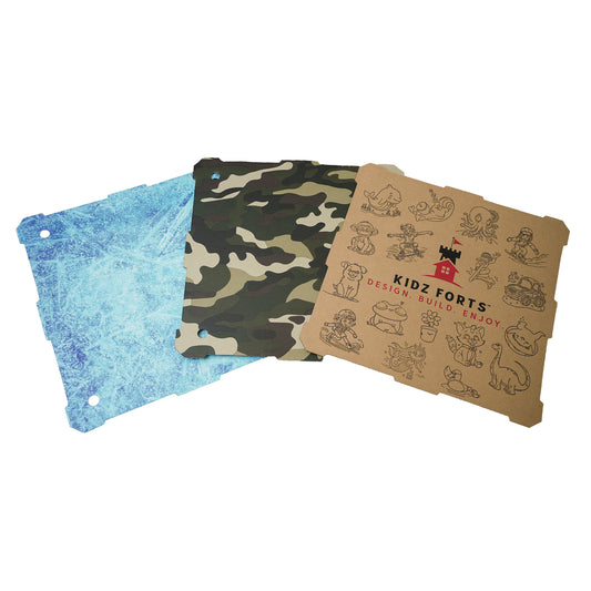 Image of the Kidz Forts wall panels.  They first is a Frosted Kit wall panel, which is blue and has an icy image printed on it.  The second is a Commando kit wall panel with a camouflage print, and the third is printed red and black with cartoon characters printed on it.