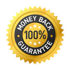 Gold and black 'Money Back 100% Guarantee' badge on a white background