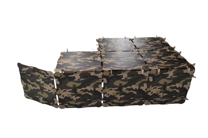 Kidz Forts Commando camouflage cardboard fort panels spread out, eco-friendly and recyclable, made in the USA.