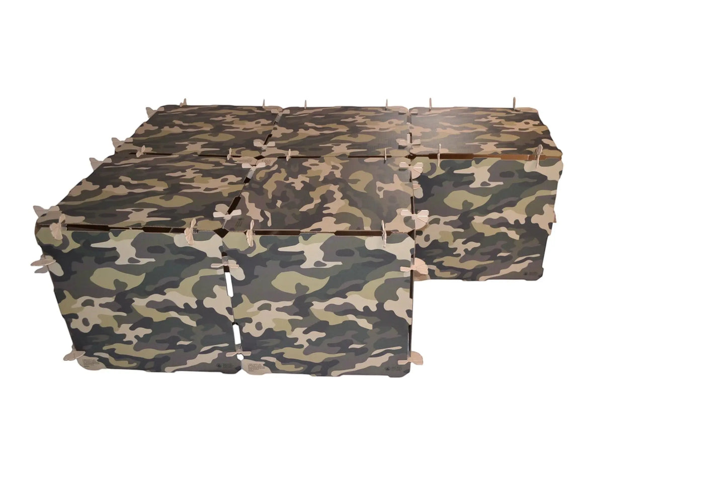 Kidz Forts Commando Kit camouflage cardboard fort building kit, showing panels and connectors for screen-free creative play.