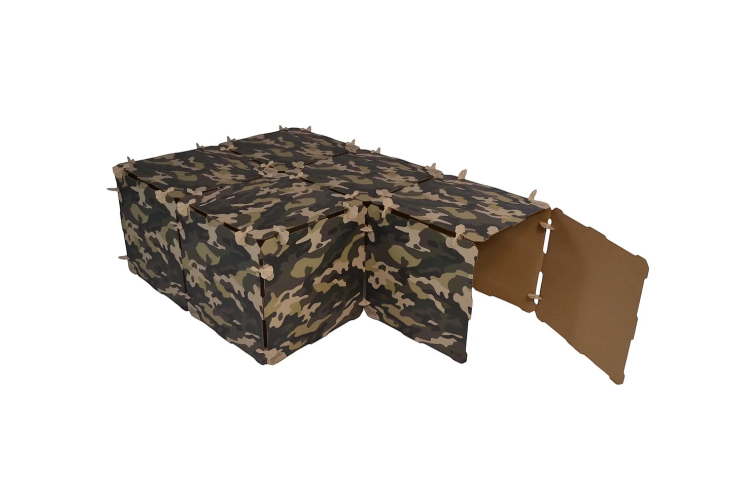 Kidz Forts Commando Kit camouflage play fort for kids, featuring durable cardboard panels and twist-lock connectors.