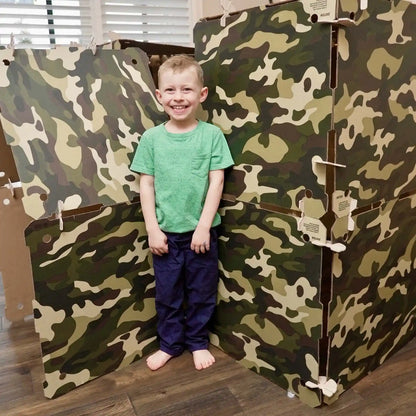 Cardboard play fort kit by Kidz Forts.  Commando Kit cardboard play fort with camouflage panels and patented twist-lock connectors, shown fully assembled.