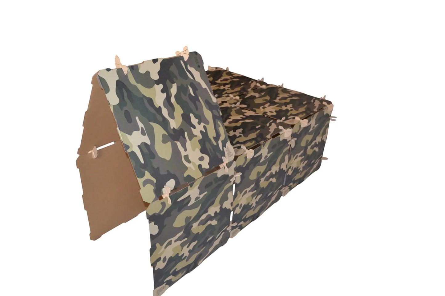 Close-up of Kidz Forts Commando Kit camouflage cardboard panels and twist-lock connectors ready to build a play fort.