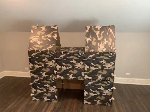 Kidz Forts Commando Kids Play Fort Kit with camouflage pattern, made from durable corrugated cardboard.