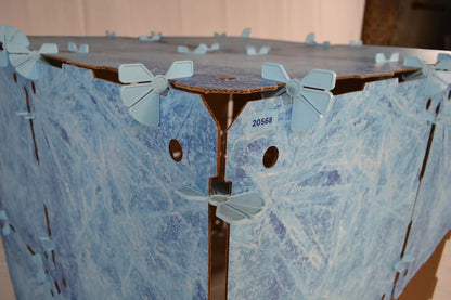 Kidz Forts Frosted Kit fort panels with blue ice pattern and patented plastic connectors, eco-friendly and recyclable.
