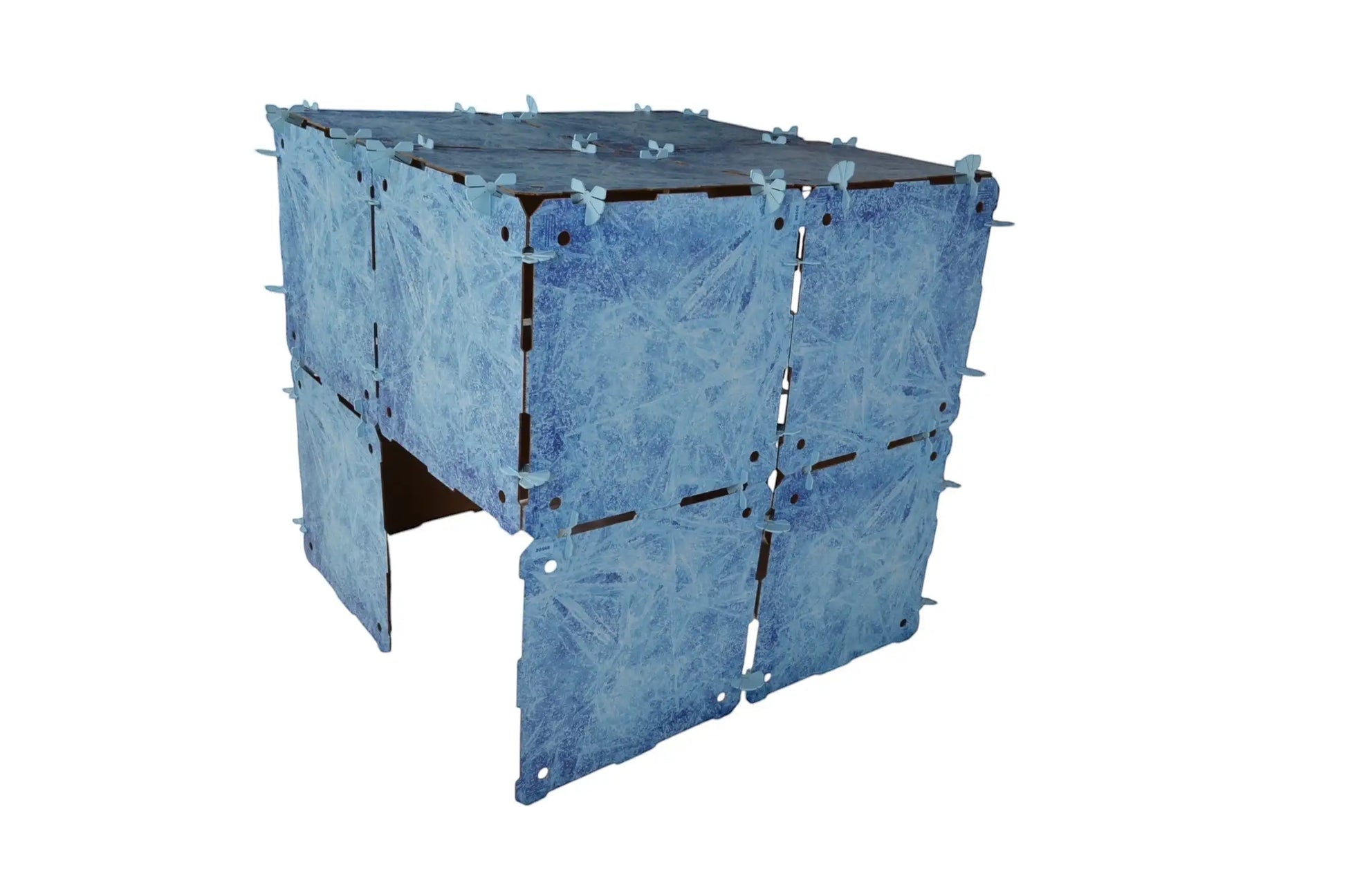 Cardboard play for kit by Kidz Forts. Frosted Kit blue cardboard playhouse with icy design panels, great for imaginative screen-free play.  Made in USA.  Recyclable after a long life of fun.