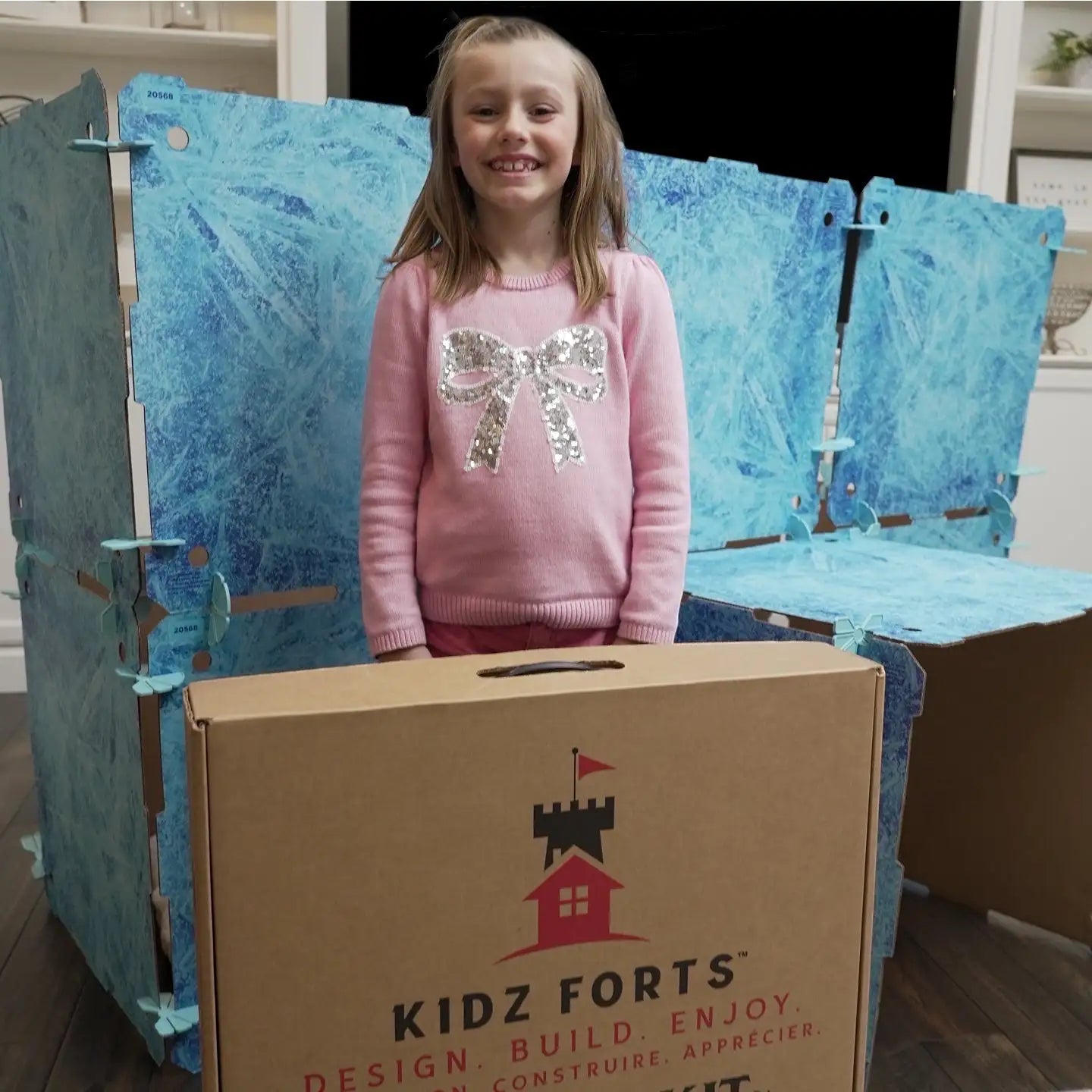 Kidz Forts Frosted Kit assembled cardboard play fort with icy blue pattern, made in the USA for kids ages 4–14.