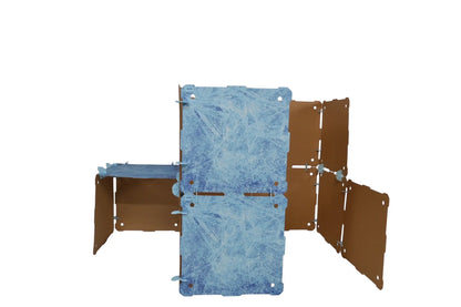 Cardboard play fort kit (Kidz Forts Frosted Kit).  Made from heavyweight corrugated cardboard with blue snowflake print, made in USA.