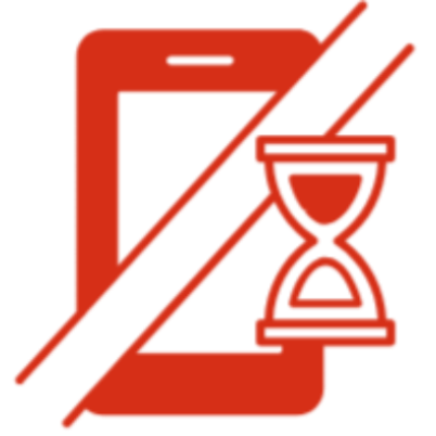Red icon of a smartphone with a sand timer crossed out on a white background